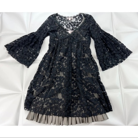 Rebecca Taylor Sz 2 Black Lace V Neck Bell Sleeve Exposed Pleated Slip xs Dress - Picture 3 of 13